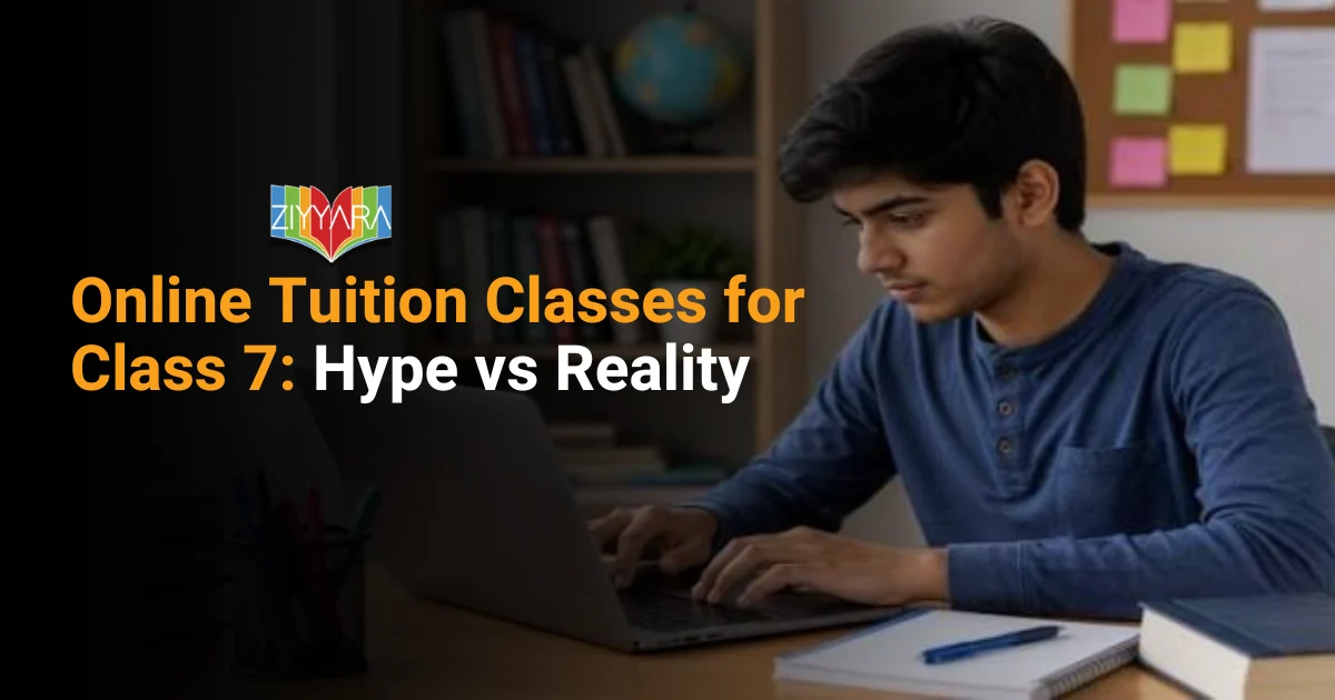 Class 7 student attending online tuition class on a laptop